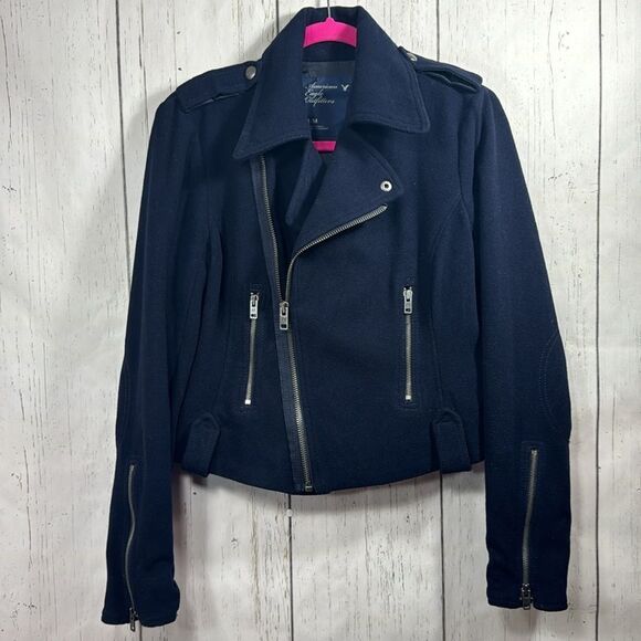 American Eagle Outfitters Asymmetrical Wool Blend Navy Blue Zip Moto Jacket - Picture 5 of 16